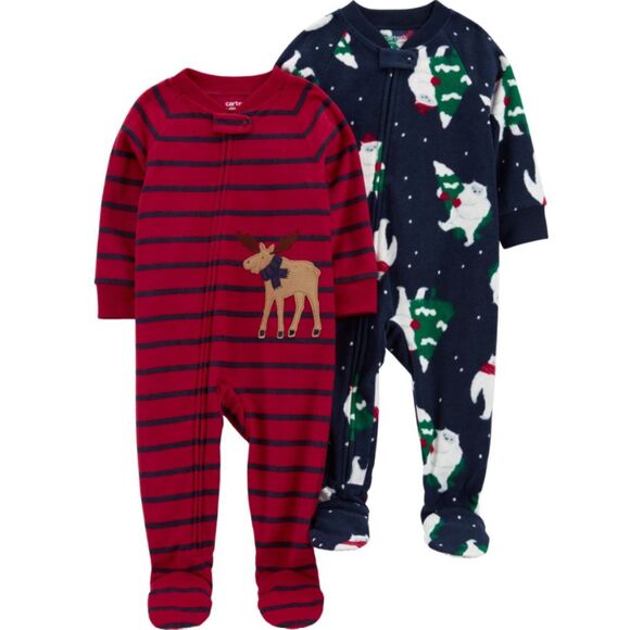 NEW NWT Boys Sz 5 Toddler Soft Fleece Christmas 2 Pc Footed Pajama Sleeper Lot - Picture 1 of 3